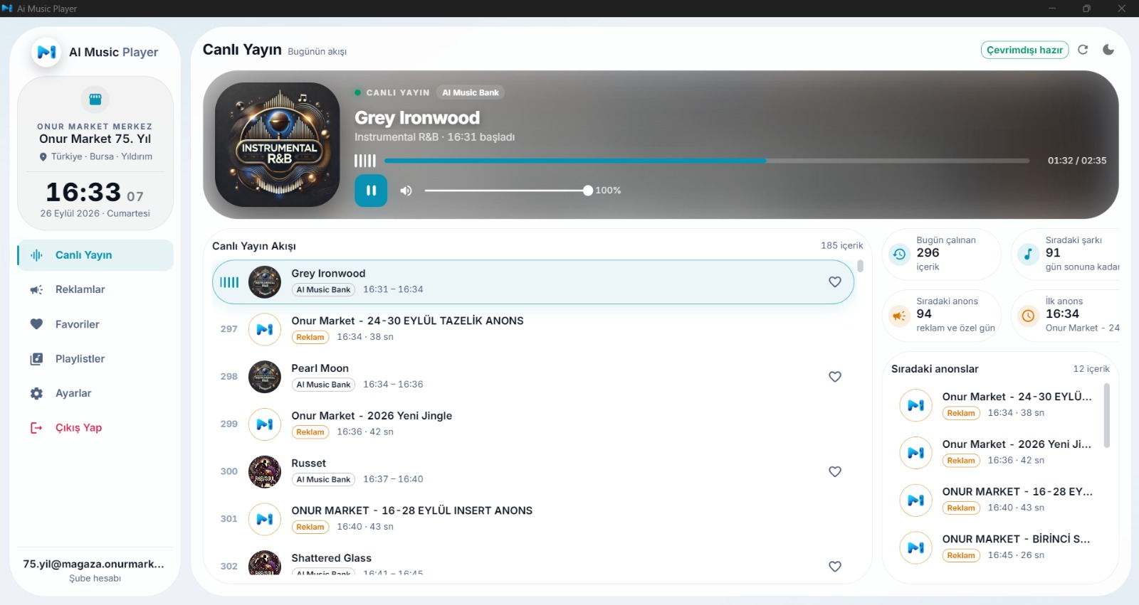 AI Music Player uygulamasında müzik ve anons yayın akışı